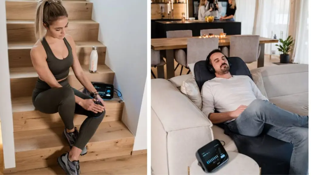 Man and woman using BEMER therapy at home for recovery, relaxation, and circulation support