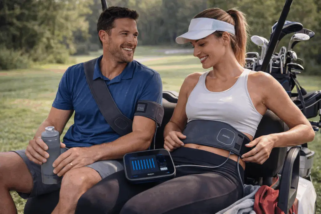 Athletic man and woman using BEMER therapy for recovery after a round of golf