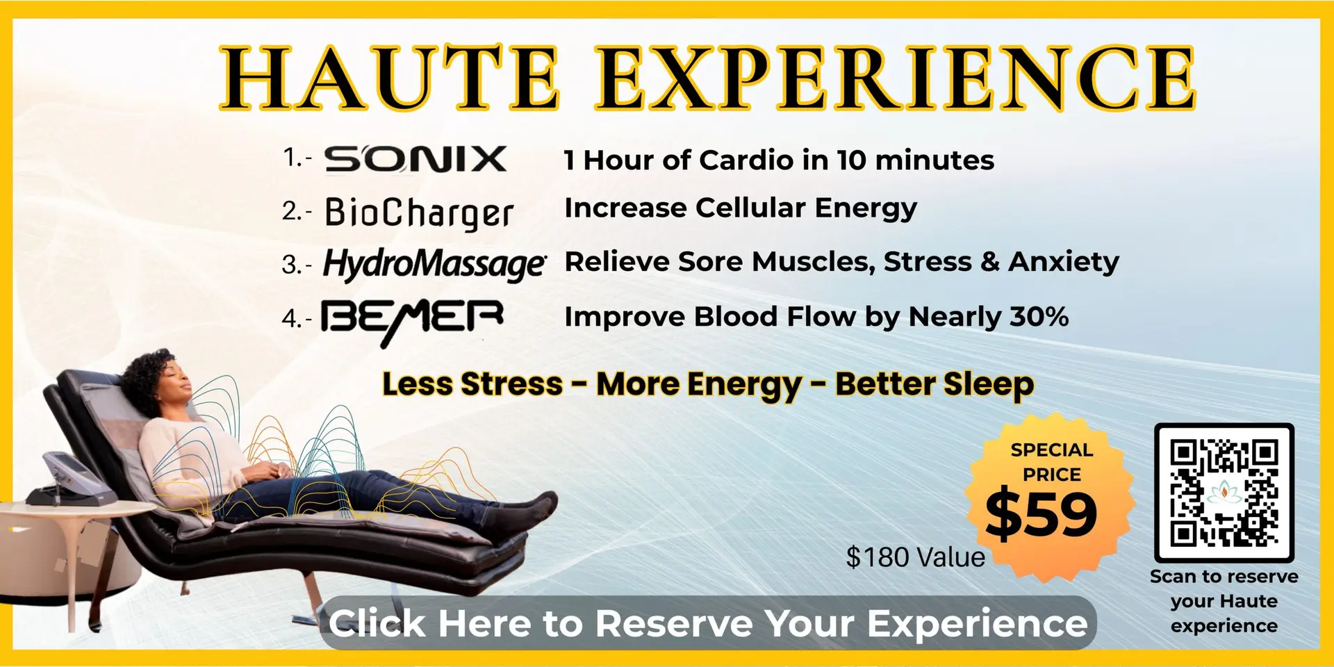 Haute Experience wellness session at Haute Healing Oasis in Stamford CT featuring BEMER therapy, BioCharger, SONIX vibration and HydroMassage for relaxation, recovery and energy.