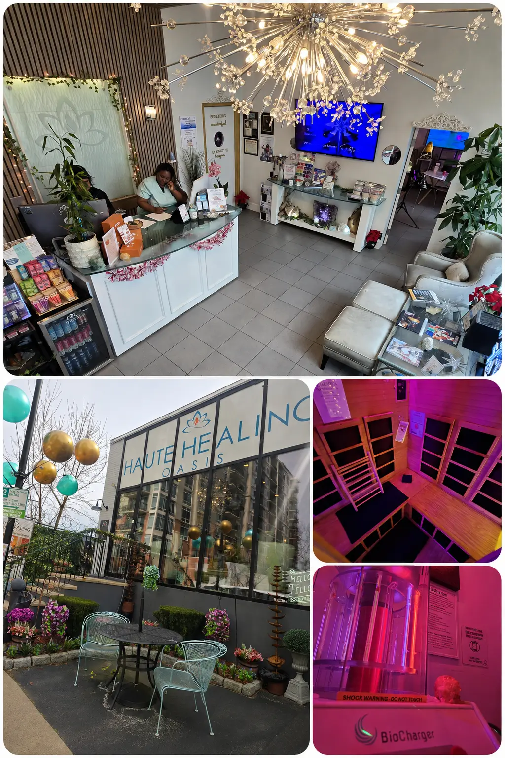 Haute Healing Oasis reception, Stamford storefront, infrared sauna, and BioCharger wellness technology