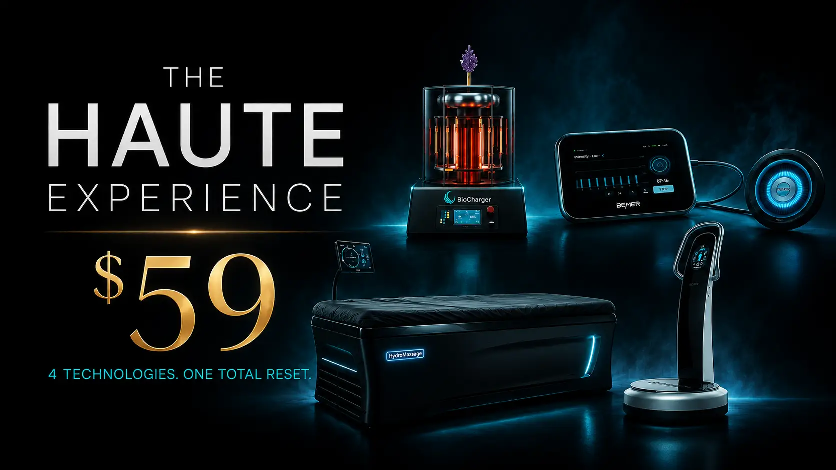 The Haute Experience featuring BioCharger, BEMER, HydroMassage and SONIX for $59—four technologies, one total reset.